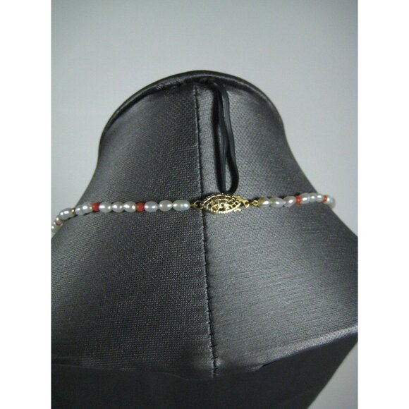 Freshwater Pearl Coral Delicate Gold Tone Bead Necklace 17 in Choker Minimalist - Picture 8 of 11